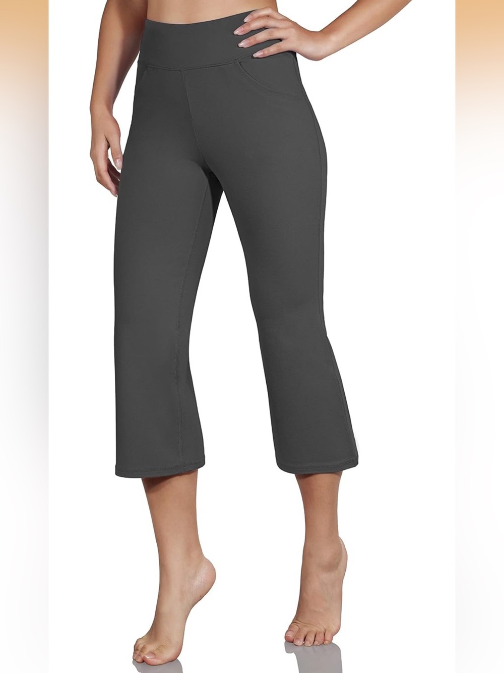 ODODOS Women's High Waist Boot Cut Yoga Capris, 2 Slant Pockets, Gray XXL